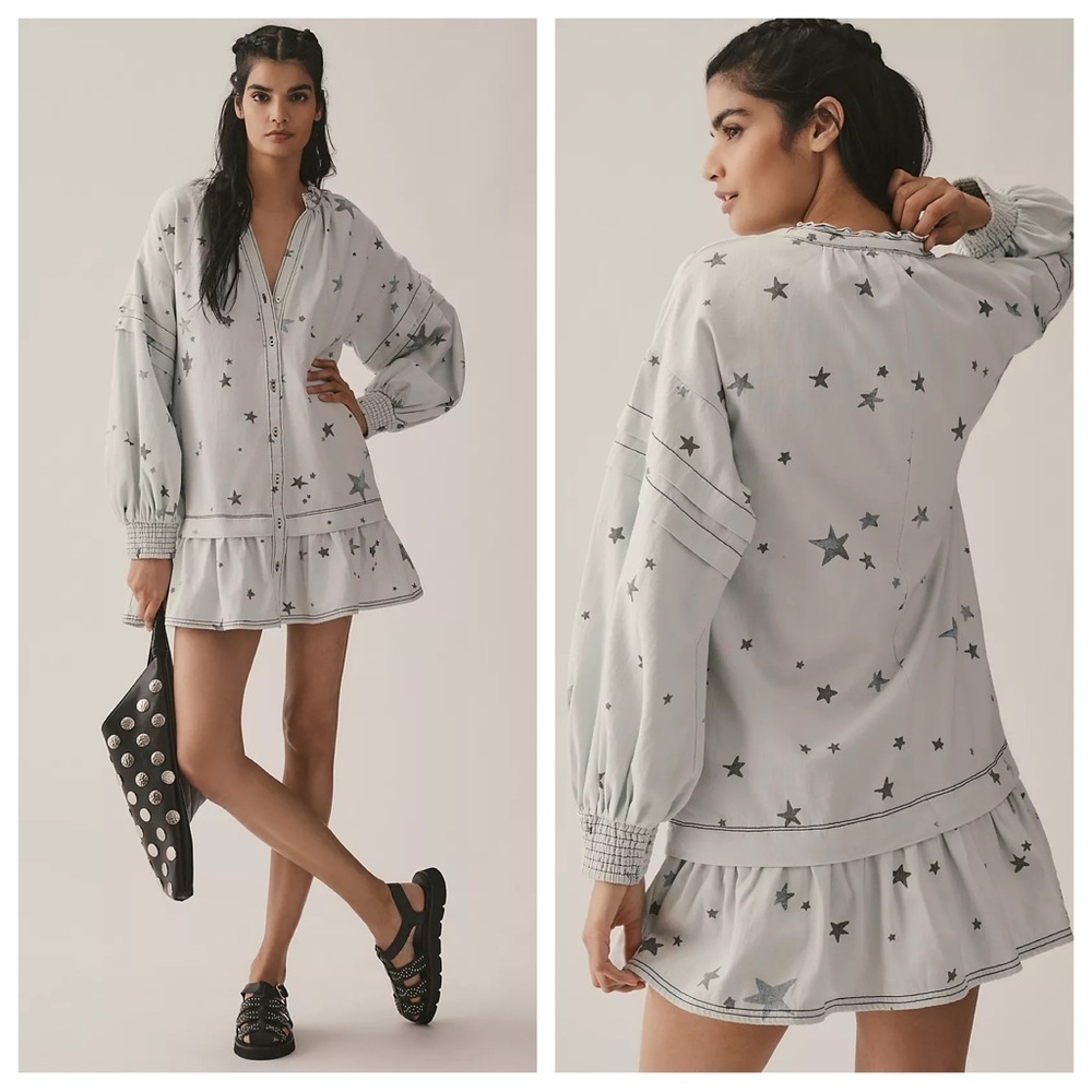 Anthropologie Pilcro light blue gray star print long sleeve dress 36180